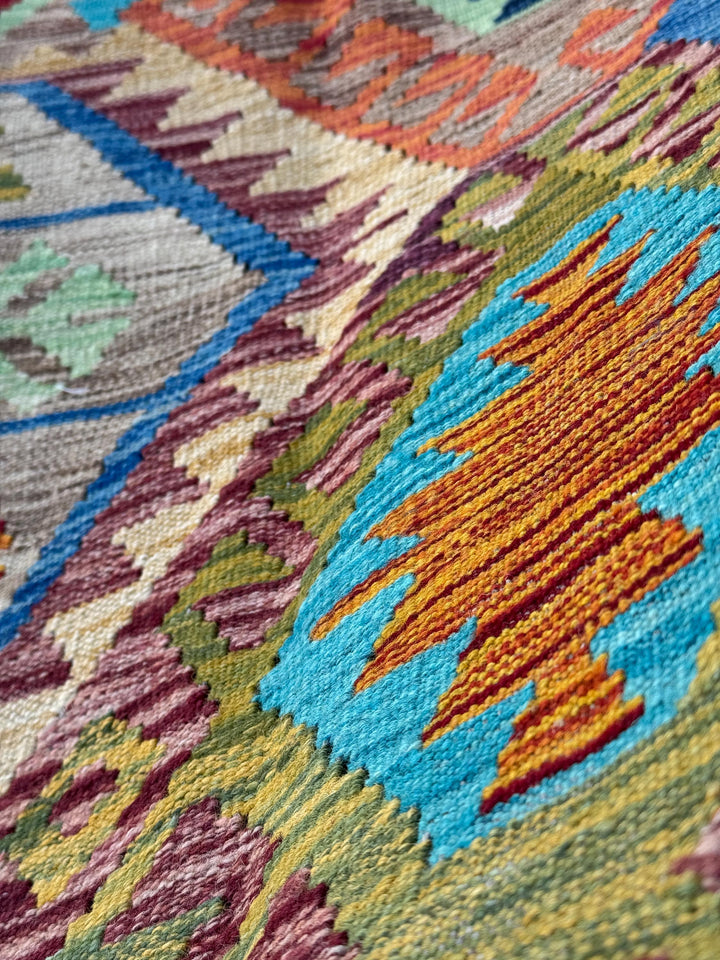 3x6 Handmade Afghan Kilim Runner Rug | Tan Saffron Orange Burnt Cream Crimson Wine Red Taupe Burgundy Pine Olive Green Teal Aqua Denim Blue