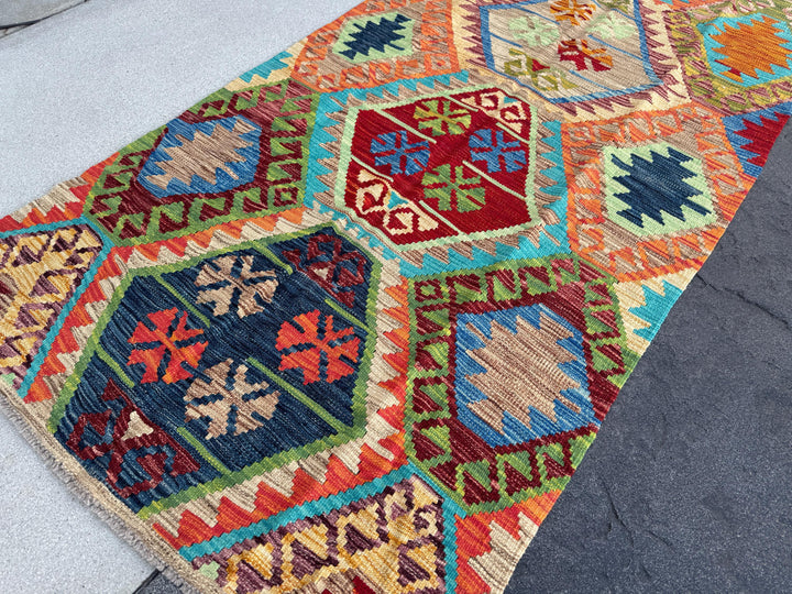3x6 Handmade Afghan Kilim Runner Rug | Tan Saffron Orange Burnt Cream Crimson Wine Red Taupe Burgundy Pine Olive Green Teal Aqua Denim Blue