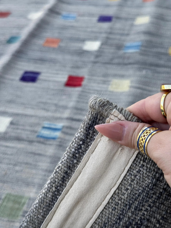 5x6 (152x182) Handmade Afghan Kilim Rug | Grey Teal Prussian Denim Blue Purple Garnet Burgundy Brick Red Mustard Yellow Cream Sage Green