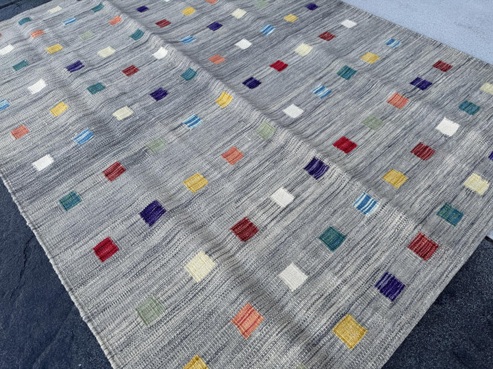 5x6 (152x182) Handmade Afghan Kilim Rug | Grey Teal Prussian Denim Blue Purple Garnet Burgundy Brick Red Mustard Yellow Cream Sage Green