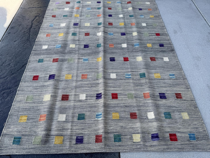 5x6 (152x182) Handmade Afghan Kilim Rug | Grey Teal Prussian Denim Blue Purple Garnet Burgundy Brick Red Mustard Yellow Cream Sage Green