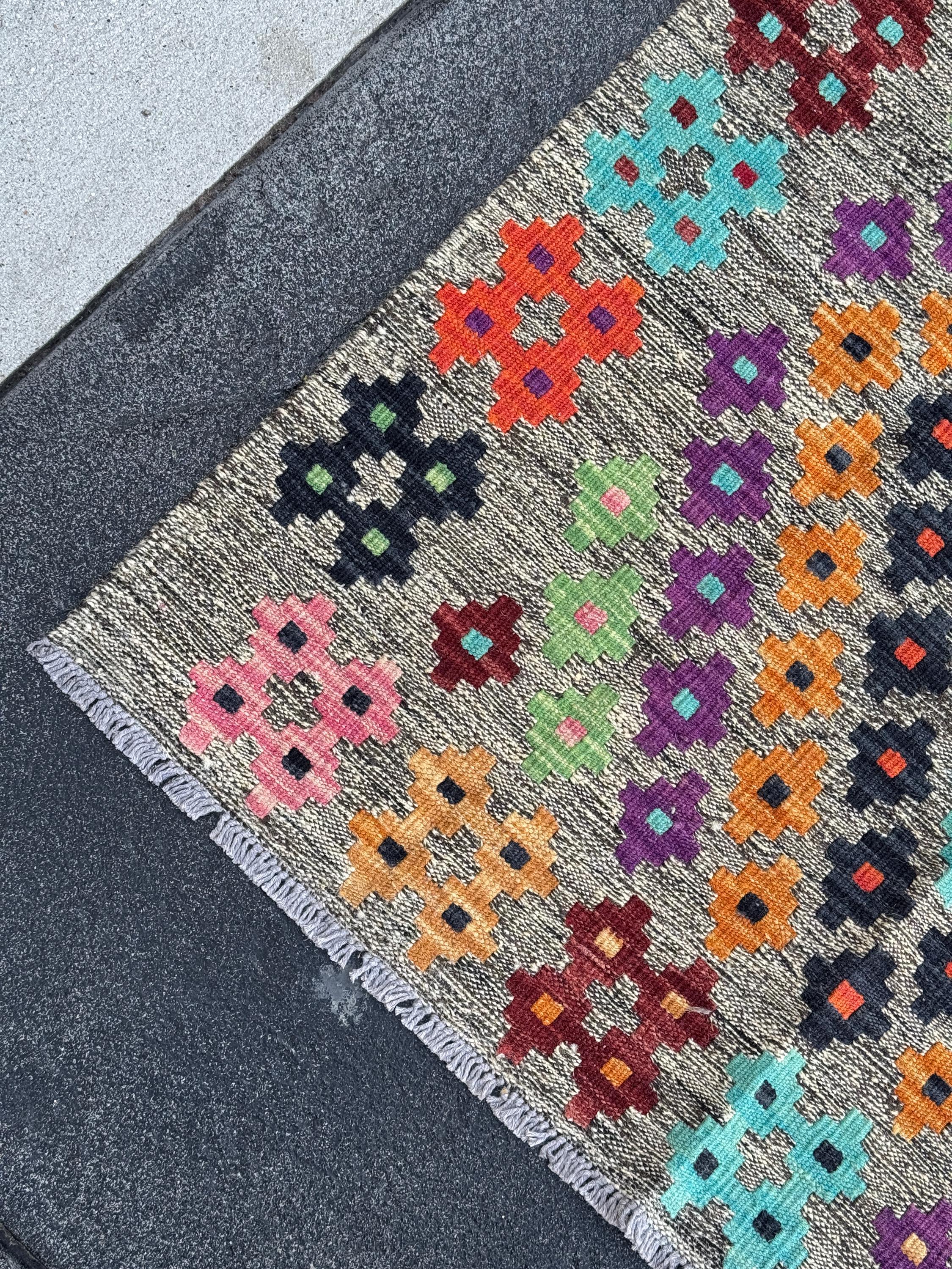 3x5 Handmade Afghan Kilim Runner Rug | Grey Mint Pine Lime Green Purple Wine Red Orange Coral Aqua Blue Black Baby Pink | Wool Flatweave