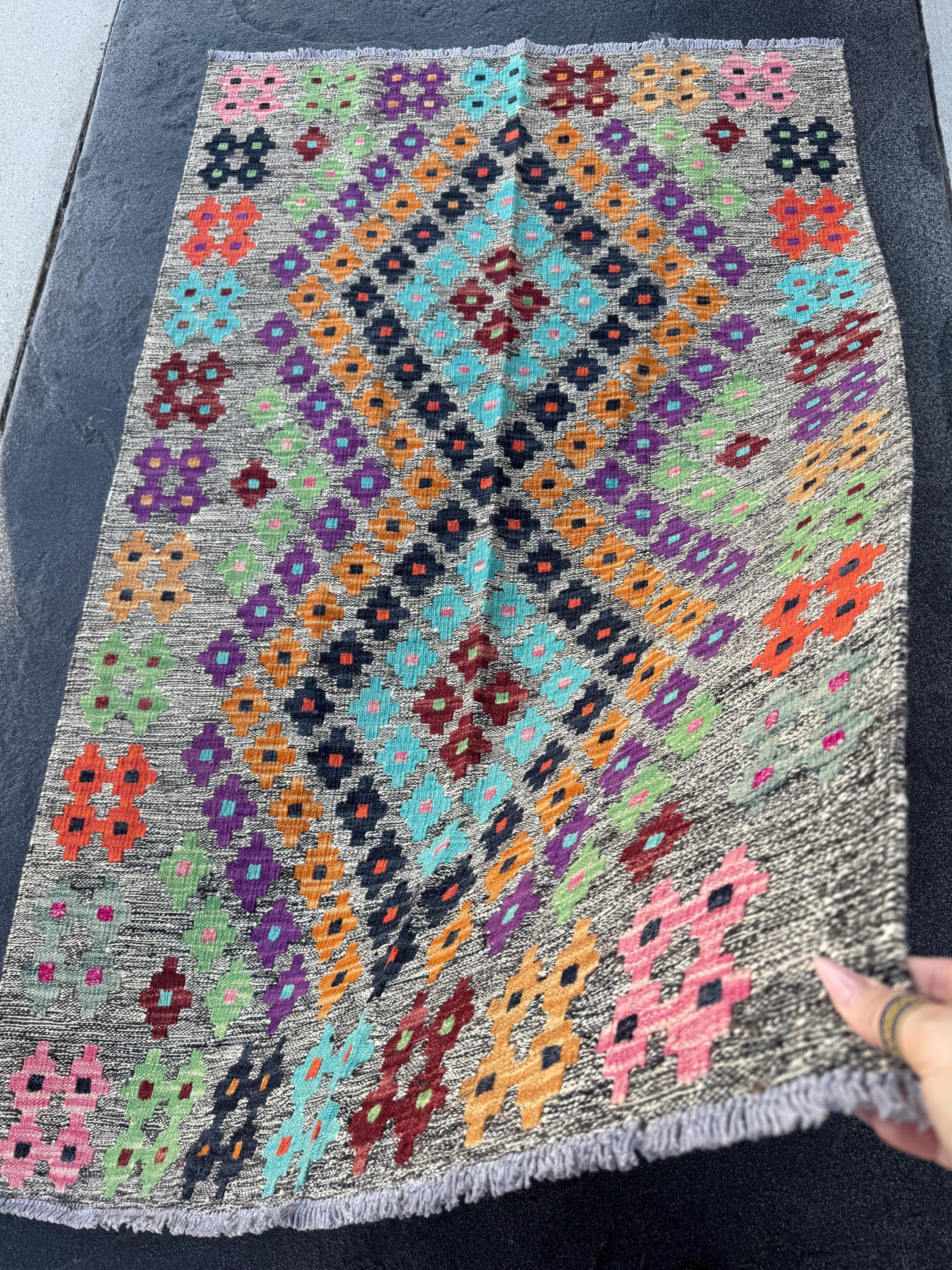 3x5 Handmade Afghan Kilim Runner Rug | Grey Mint Pine Lime Green Purple Wine Red Orange Coral Aqua Blue Black Baby Pink | Wool Flatweave