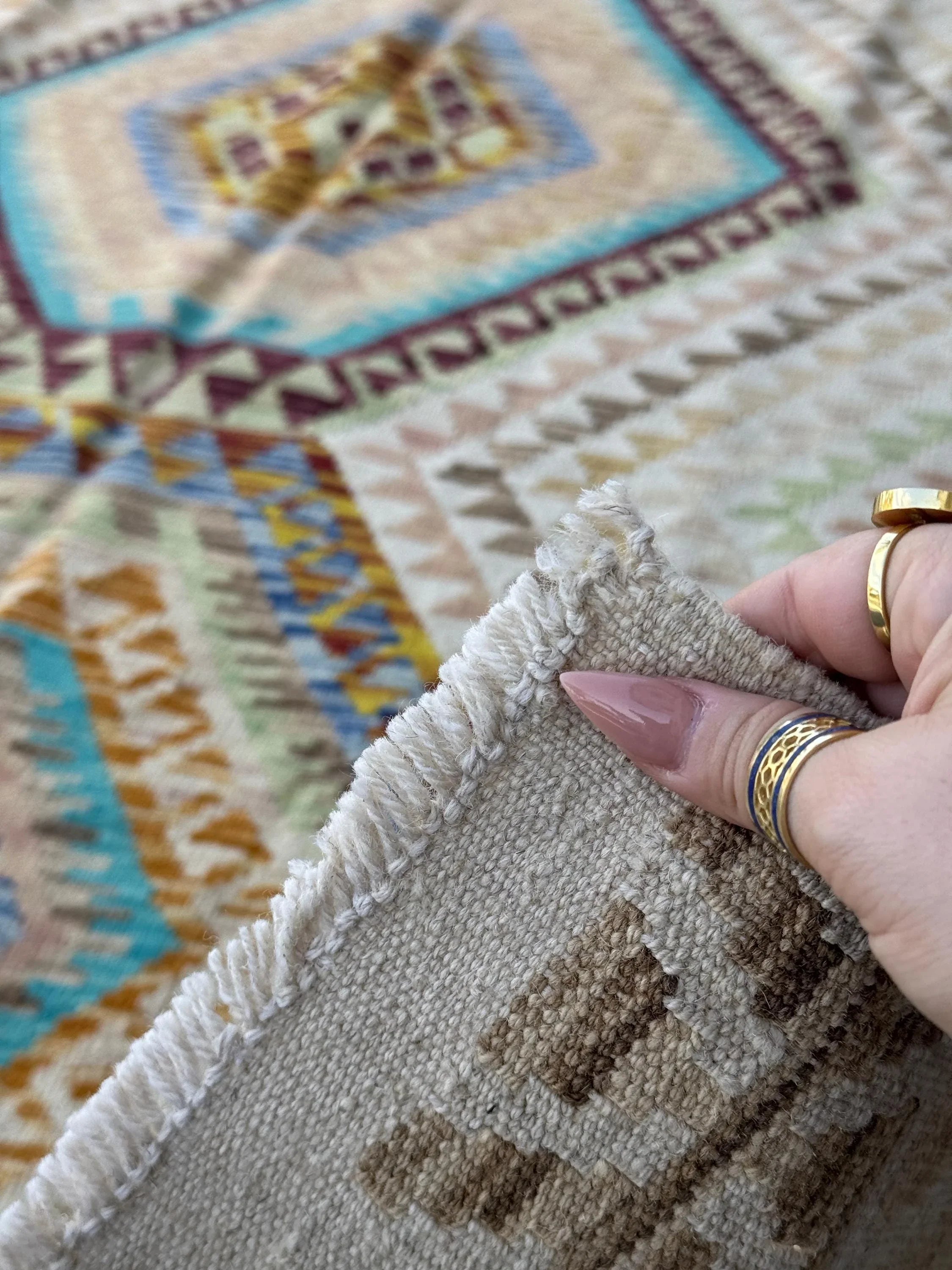 5x6 Handmade Afghan Kilim Runner Rug | Cream Tan Sand Burnt Orange Aqua Denim Blue Blush Coral Pink Chocolate Brown Taupe | Wool Flatweave