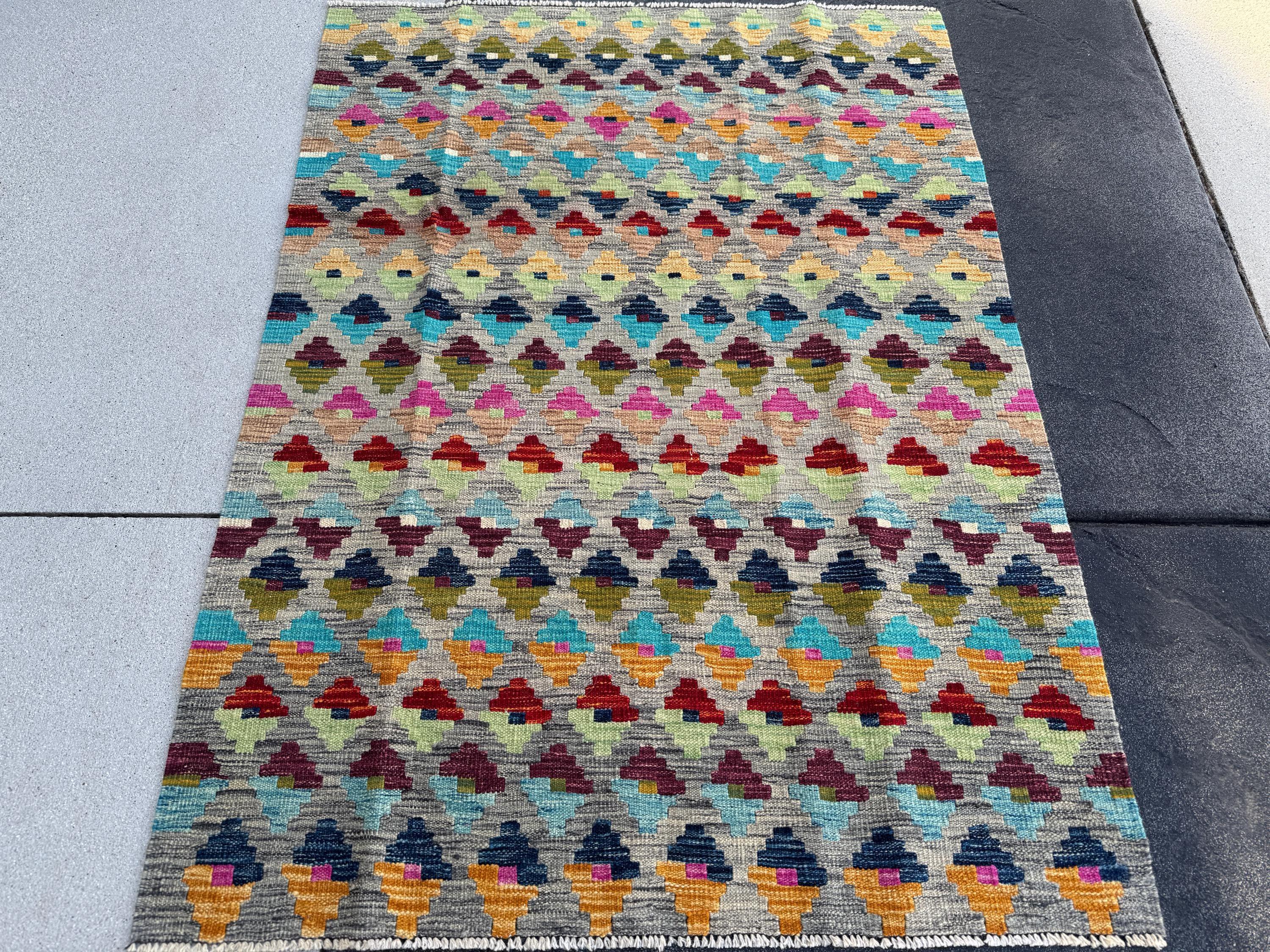 3x5 Handmade Afghan Kilim Rug | Grey Mint Olive Moss Green Navy Denim Aqua Blue Tan Peach Burnt Orange Fuchsia Pink Garnet Wine Red Purple