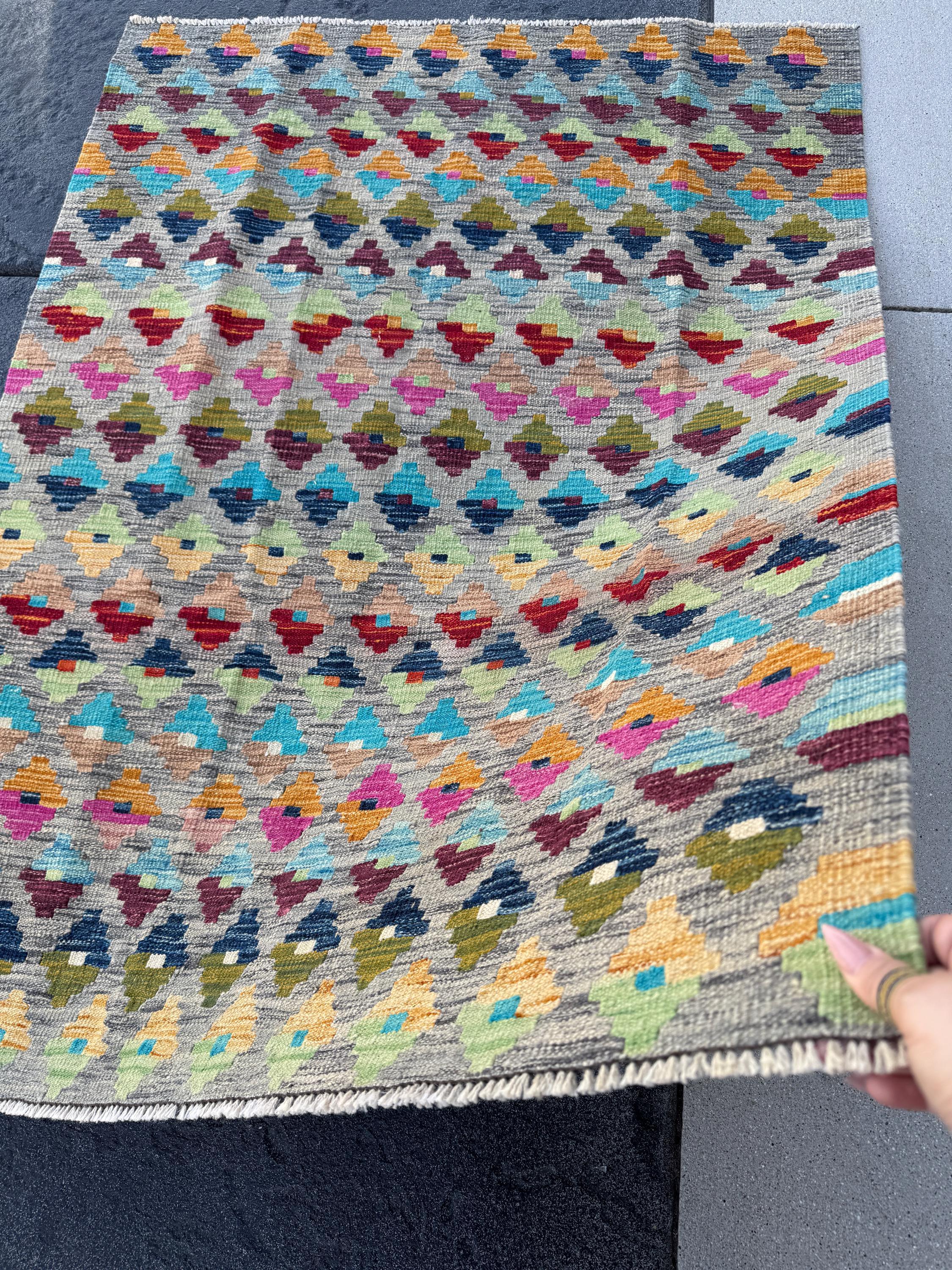 3x5 Handmade Afghan Kilim Rug | Grey Mint Olive Moss Green Navy Denim Aqua Blue Tan Peach Burnt Orange Fuchsia Pink Garnet Wine Red Purple