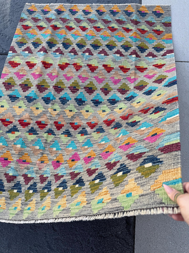 3x5 Handmade Afghan Kilim Rug | Grey Mint Olive Moss Green Navy Denim Aqua Blue Tan Peach Burnt Orange Fuchsia Pink Garnet Wine Red Purple