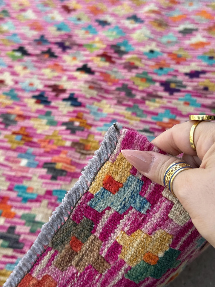 3x4 Handmade Afghan Kilim Rug | Fuchsia Pink Purple Teal Aqua Navy Powder Blue Cream Yellow Wine Garnet Red Forest Olive Moss Green Orange