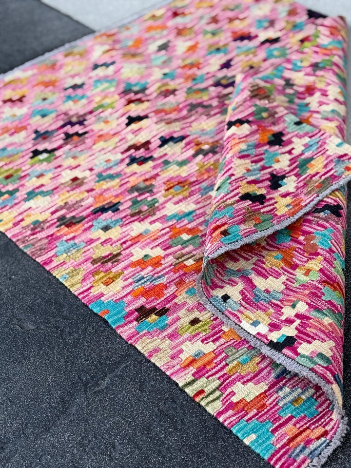 3x4 Handmade Afghan Kilim Rug | Fuchsia Pink Purple Teal Aqua Navy Powder Blue Cream Yellow Wine Garnet Red Forest Olive Moss Green Orange