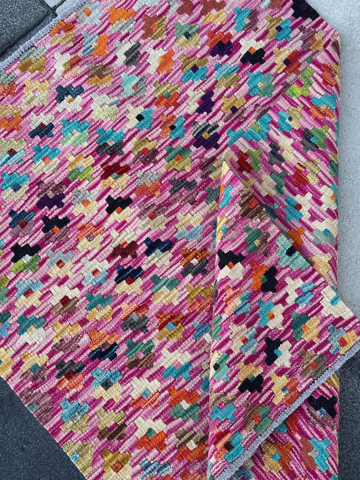 3x4 Handmade Afghan Kilim Rug | Fuchsia Pink Purple Teal Aqua Navy Powder Blue Cream Yellow Wine Garnet Red Forest Olive Moss Green Orange