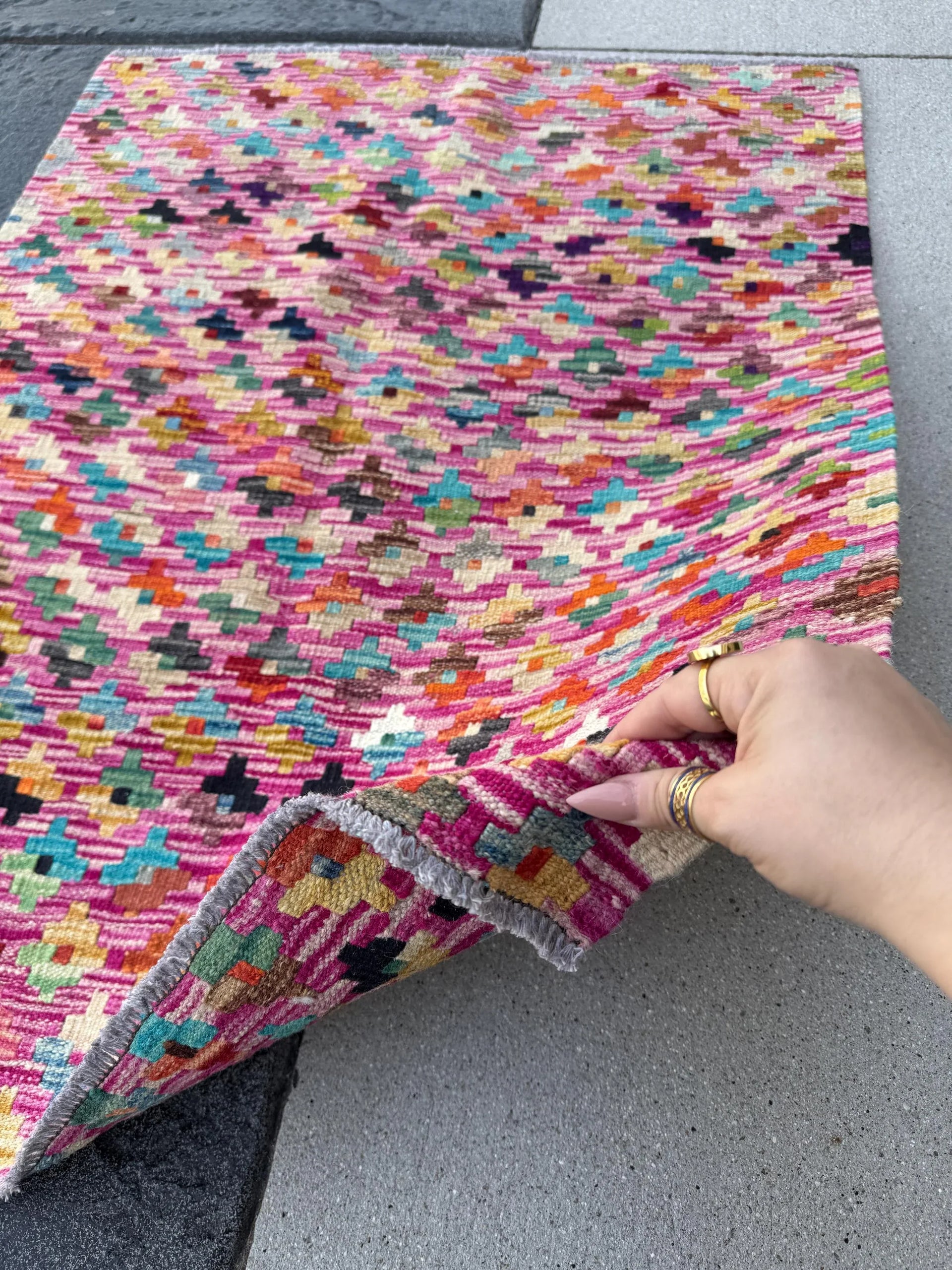 3x4 Handmade Afghan Kilim Rug | Fuchsia Pink Purple Teal Aqua Navy Powder Blue Cream Yellow Wine Garnet Red Forest Olive Moss Green Orange