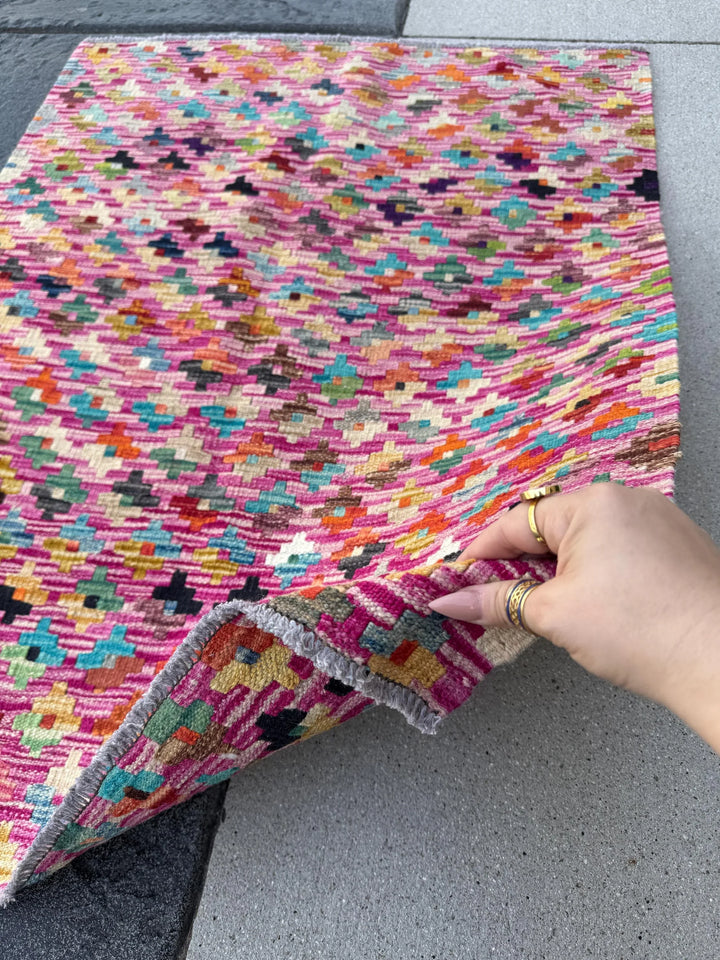 3x4 Handmade Afghan Kilim Rug | Fuchsia Pink Purple Teal Aqua Navy Powder Blue Cream Yellow Wine Garnet Red Forest Olive Moss Green Orange