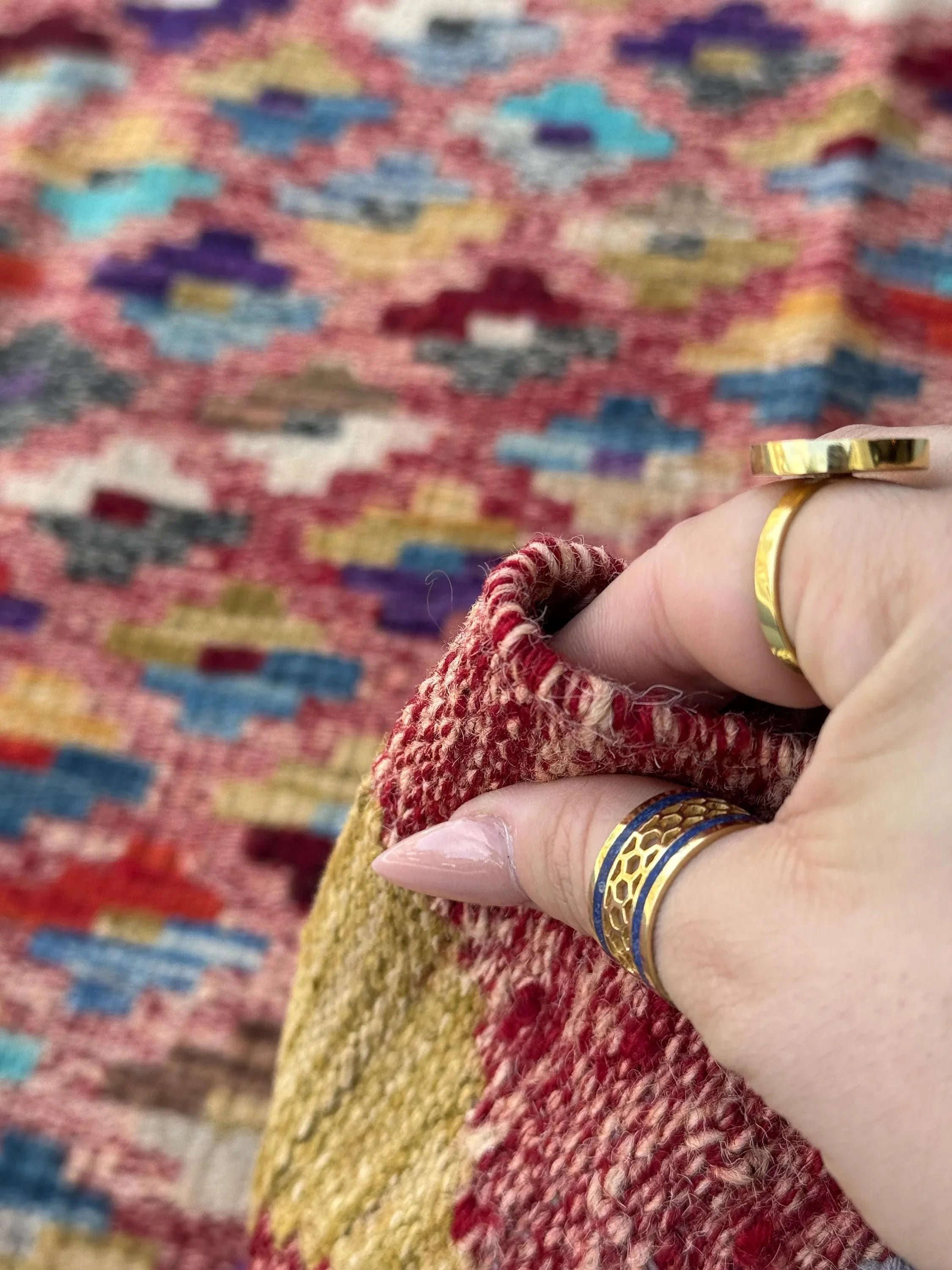 3x7 (91x1213) Handmade Afghan Kilim Rug | Rose Salmon Blush Pink Brick Wine Garnet Red Orange Denim Aqua Blue Olive Green Grey Yellow Cream