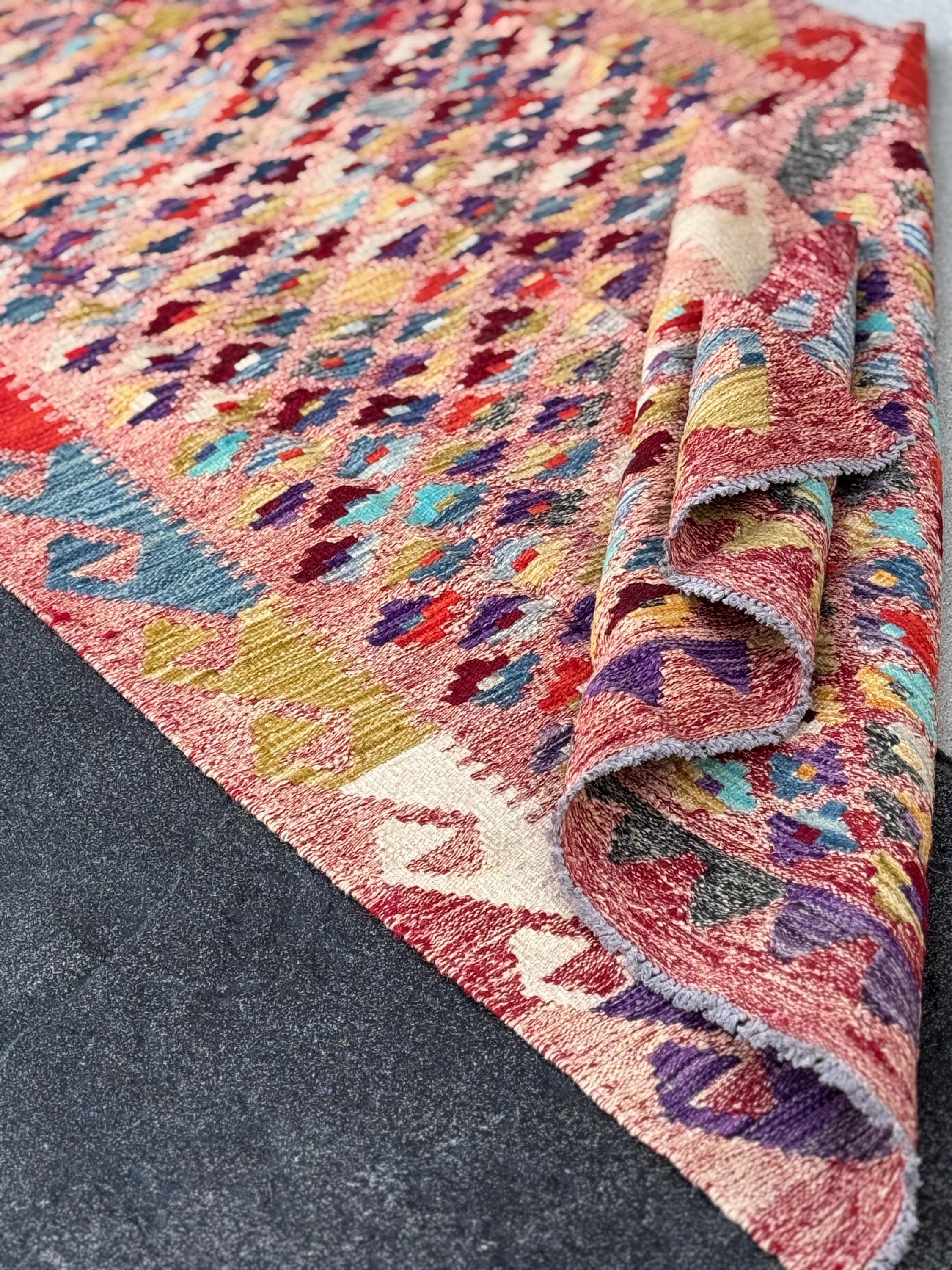 3x7 (91x1213) Handmade Afghan Kilim Rug | Rose Salmon Blush Pink Brick Wine Garnet Red Orange Denim Aqua Blue Olive Green Grey Yellow Cream