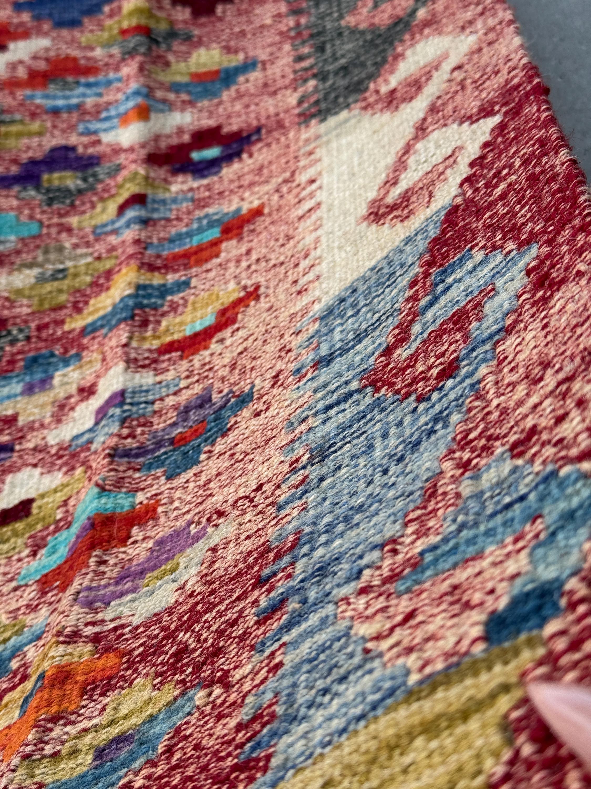 3x7 (91x1213) Handmade Afghan Kilim Rug | Rose Salmon Blush Pink Brick Wine Garnet Red Orange Denim Aqua Blue Olive Green Grey Yellow Cream