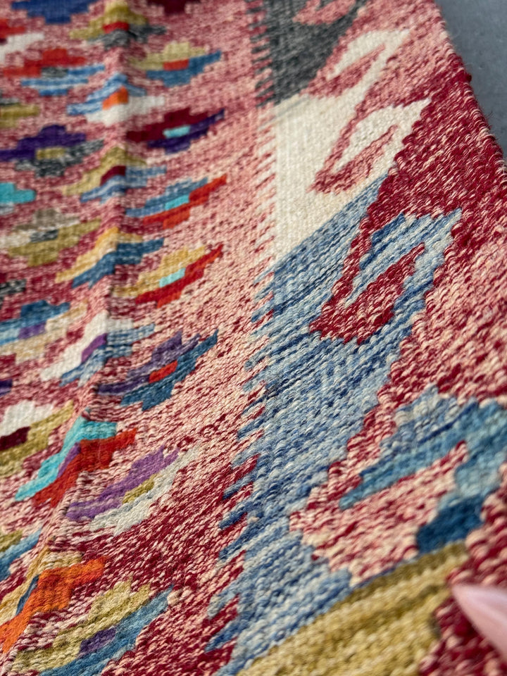 3x7 (91x1213) Handmade Afghan Kilim Rug | Rose Salmon Blush Pink Brick Wine Garnet Red Orange Denim Aqua Blue Olive Green Grey Yellow Cream