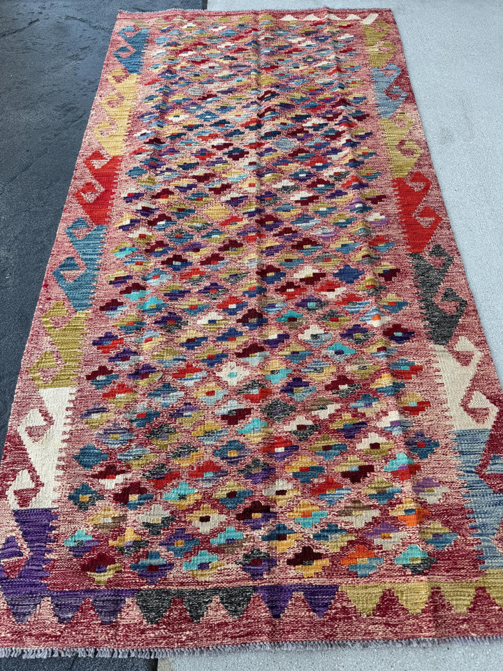 3x7 (91x1213) Handmade Afghan Kilim Rug | Rose Salmon Blush Pink Brick Wine Garnet Red Orange Denim Aqua Blue Olive Green Grey Yellow Cream