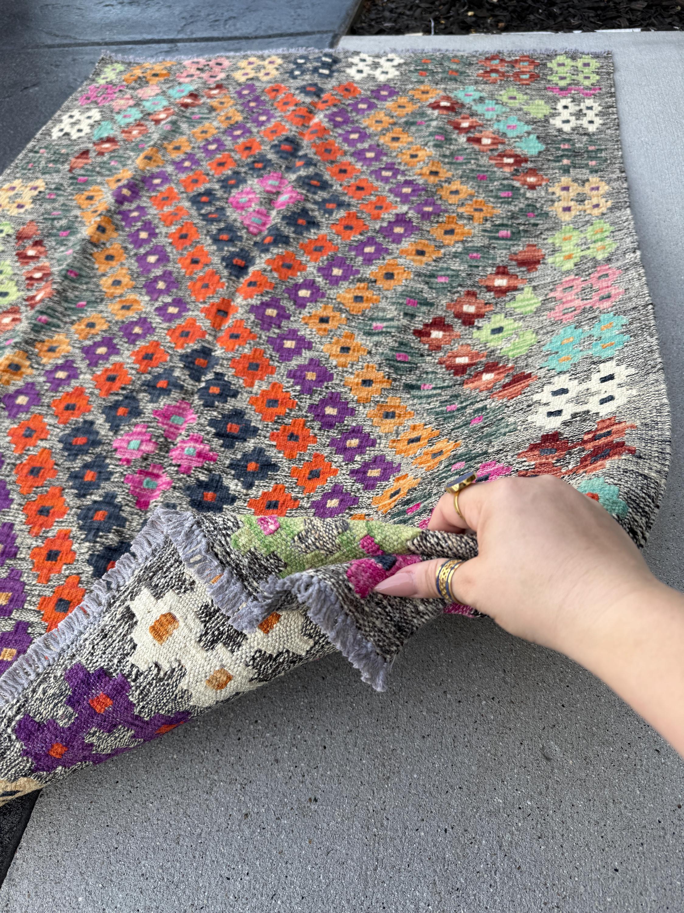 3x5 Handmade Afghan Kilim Runner Rug | Grey Mint Green Orange Peach Aqua Prussian Blue Wine Burgundy Red Fuchsia Baby Pink Purple Black Wool