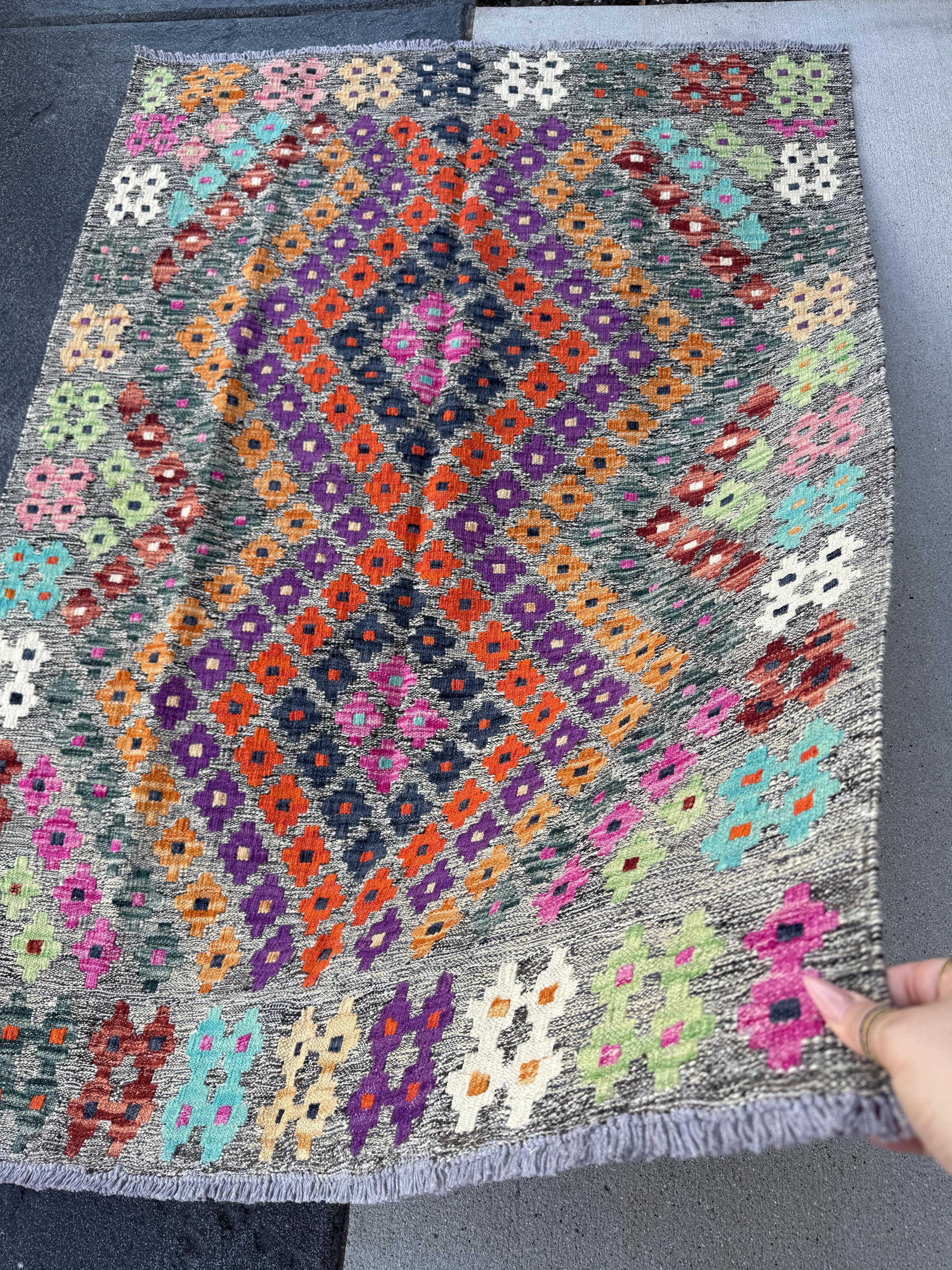 3x5 Handmade Afghan Kilim Runner Rug | Grey Mint Green Orange Peach Aqua Prussian Blue Wine Burgundy Red Fuchsia Baby Pink Purple Black Wool