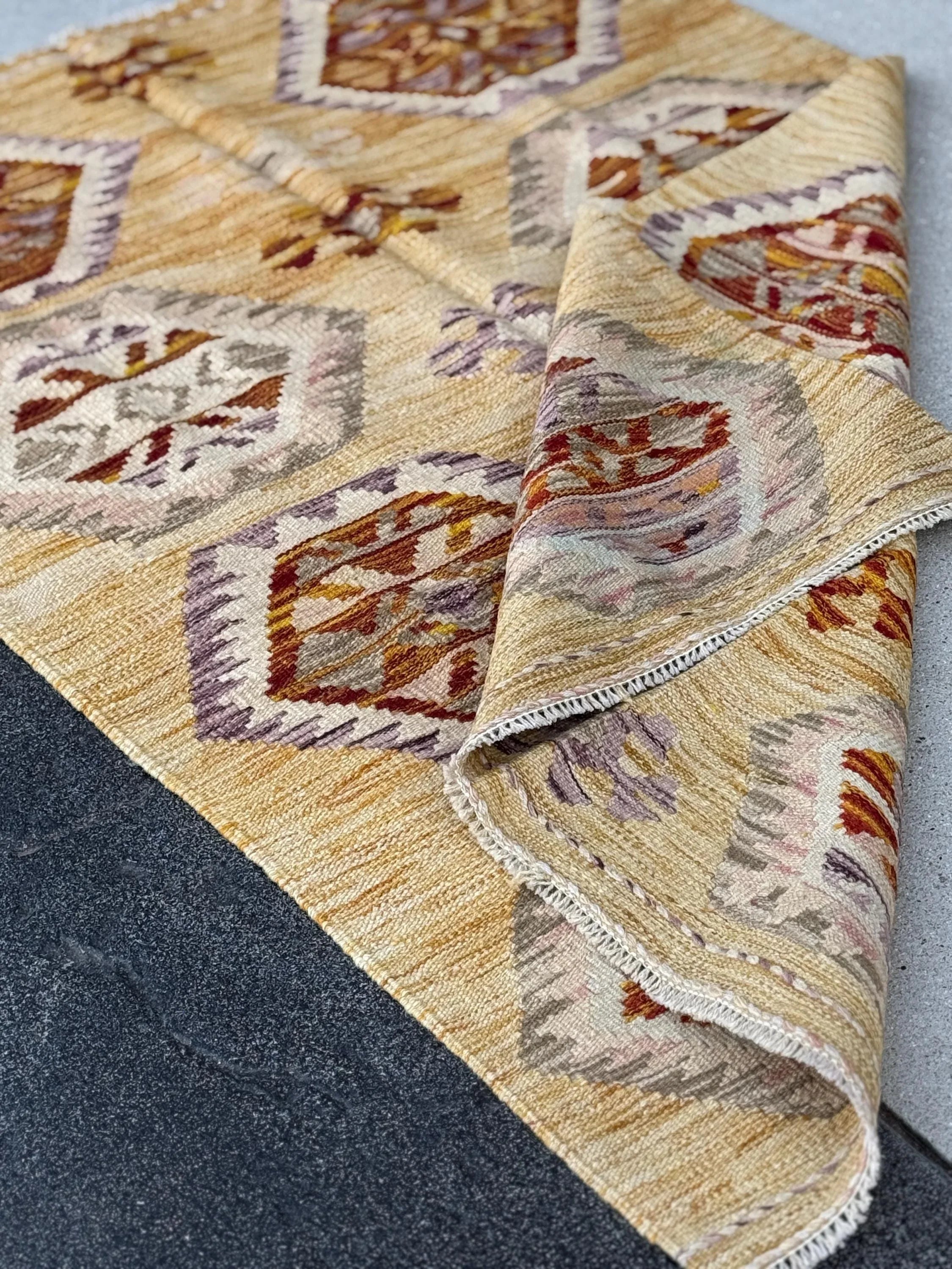 3x5 (91x152) Handmade Afghan Kilim Rug | Saffron Yellow Burnt Orange Tan Blush Pink Purple Lavender Grey White Cream | Wool Flatweave
