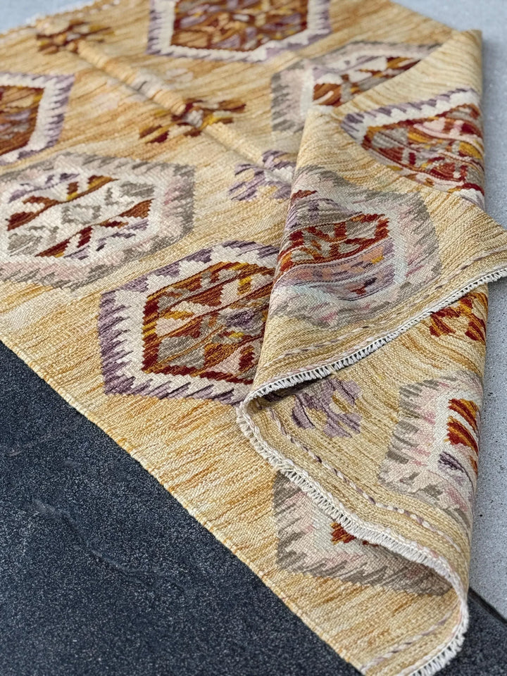 3x5 (91x152) Handmade Afghan Kilim Rug | Saffron Yellow Burnt Orange Tan Blush Pink Purple Lavender Grey White Cream | Wool Flatweave