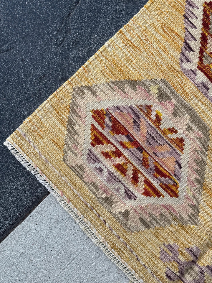 3x5 (91x152) Handmade Afghan Kilim Rug | Saffron Yellow Burnt Orange Tan Blush Pink Purple Lavender Grey White Cream | Wool Flatweave