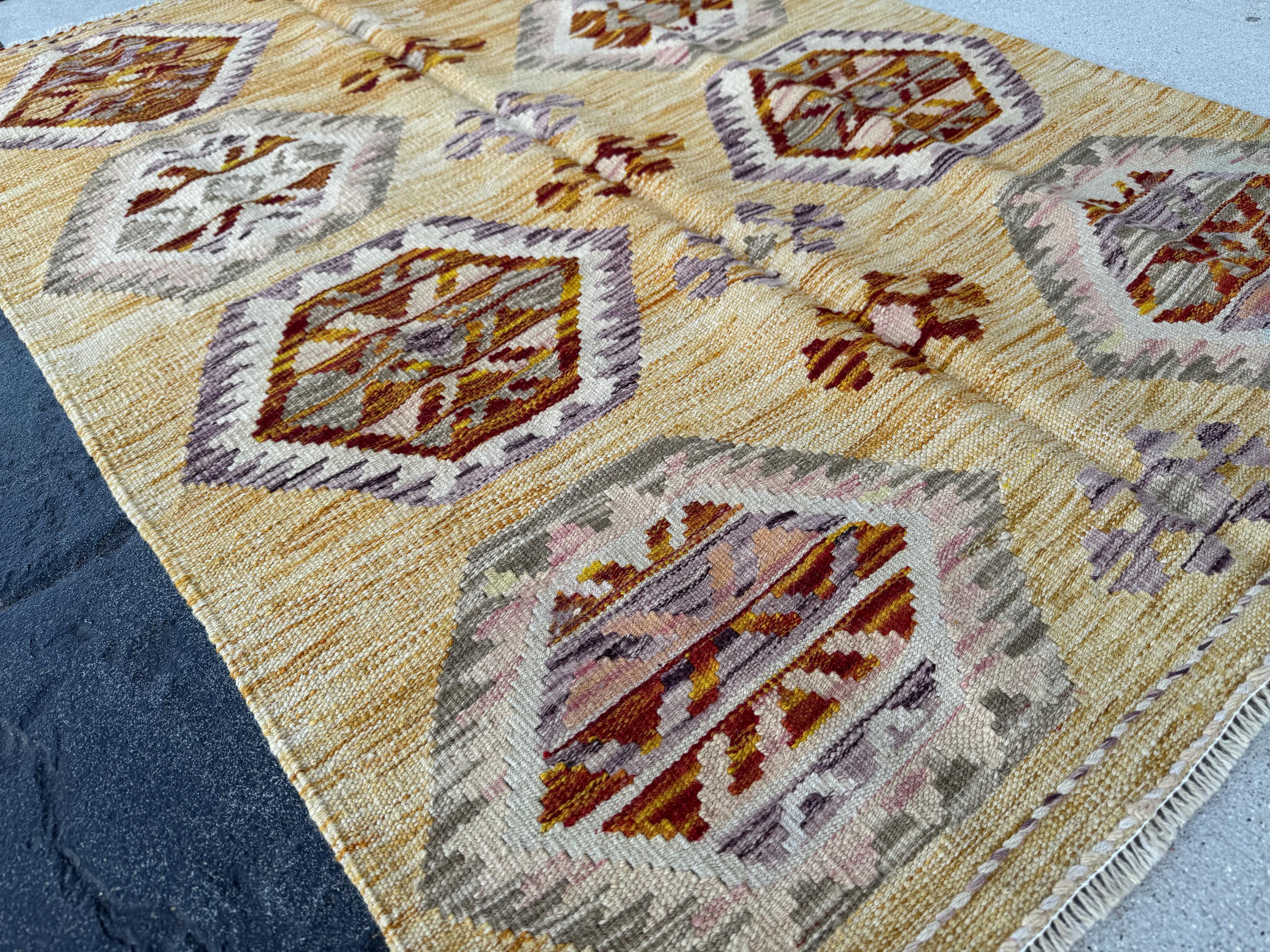3x5 (91x152) Handmade Afghan Kilim Rug | Saffron Yellow Burnt Orange Tan Blush Pink Purple Lavender Grey White Cream | Wool Flatweave