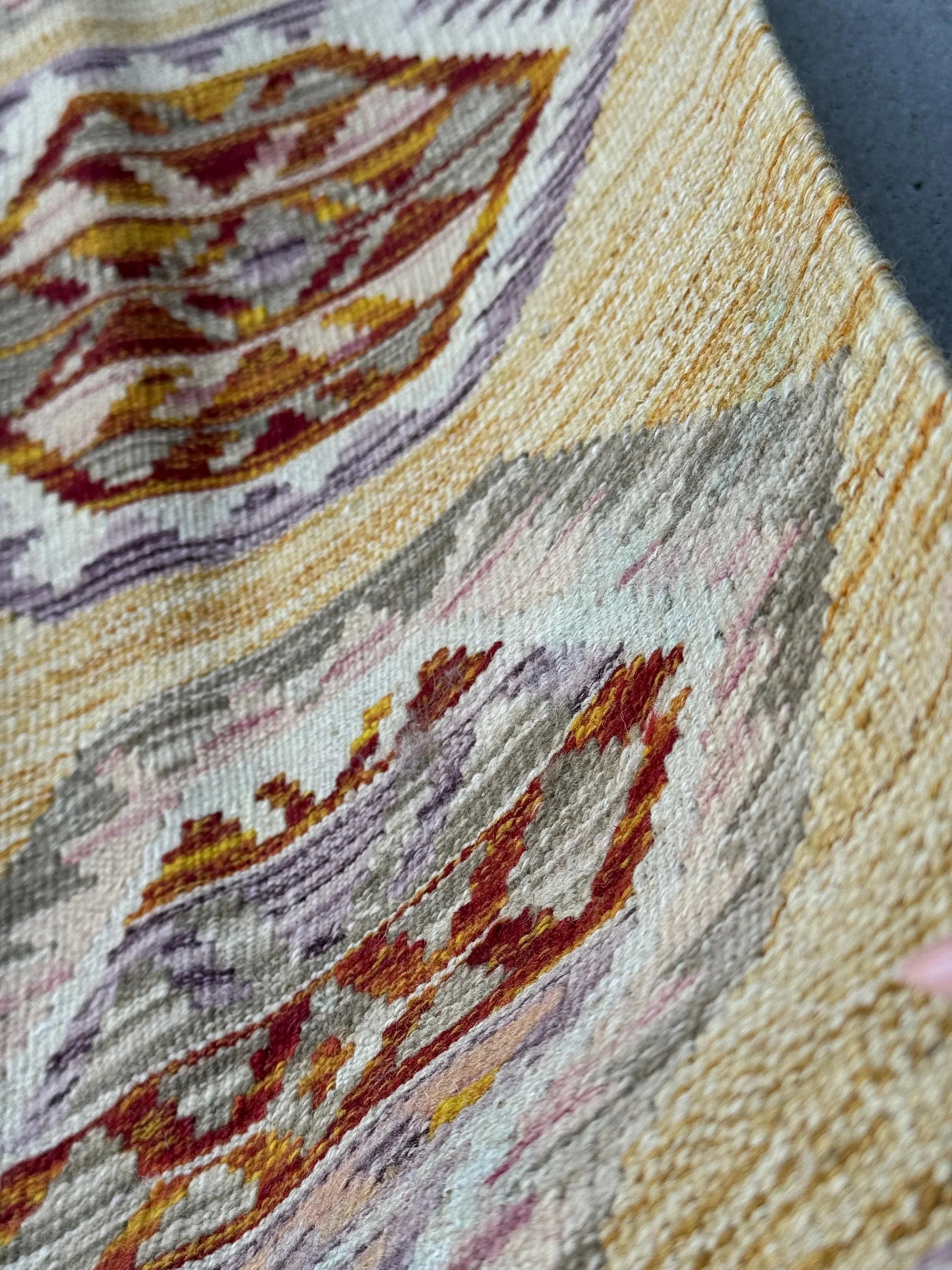 3x5 (91x152) Handmade Afghan Kilim Rug | Saffron Yellow Burnt Orange Tan Blush Pink Purple Lavender Grey White Cream | Wool Flatweave