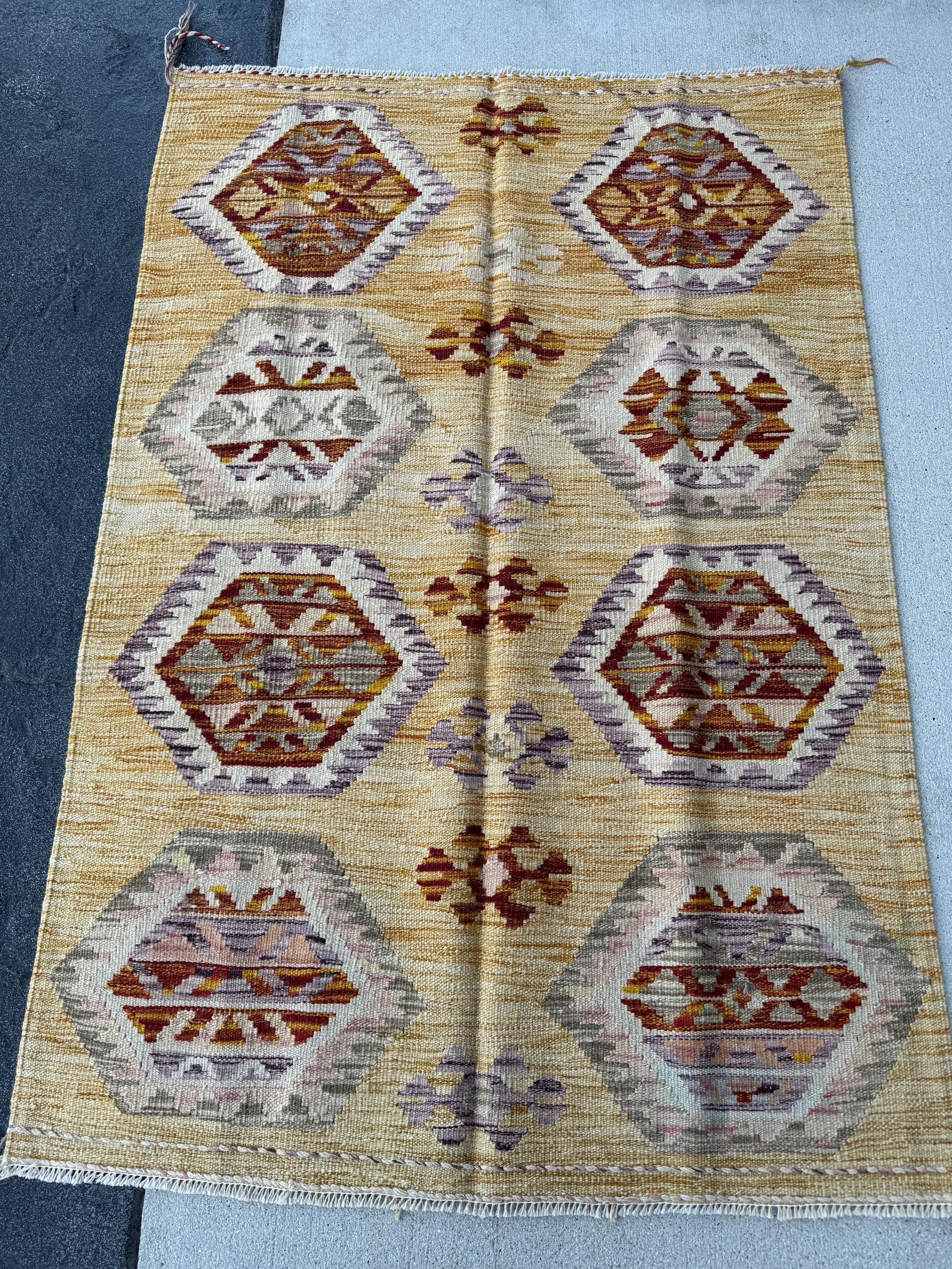 3x5 (91x152) Handmade Afghan Kilim Rug | Saffron Yellow Burnt Orange Tan Blush Pink Purple Lavender Grey White Cream | Wool Flatweave