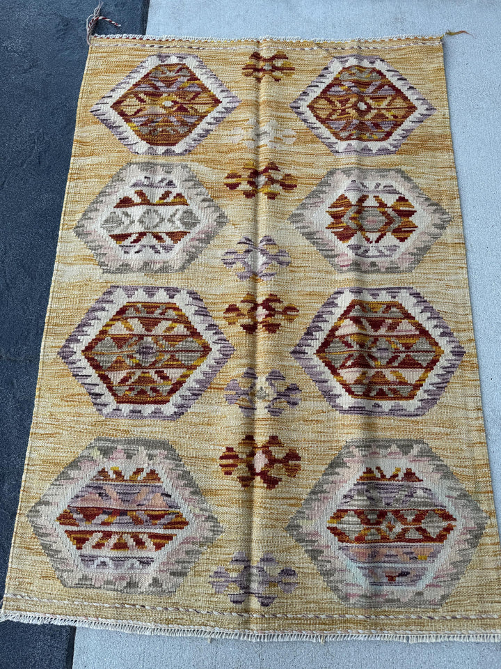 3x5 (91x152) Handmade Afghan Kilim Rug | Saffron Yellow Burnt Orange Tan Blush Pink Purple Lavender Grey White Cream | Wool Flatweave