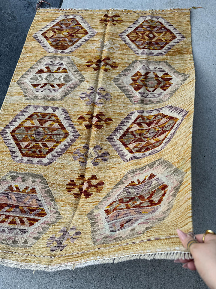 3x5 (91x152) Handmade Afghan Kilim Rug | Saffron Yellow Burnt Orange Tan Blush Pink Purple Lavender Grey White Cream | Wool Flatweave