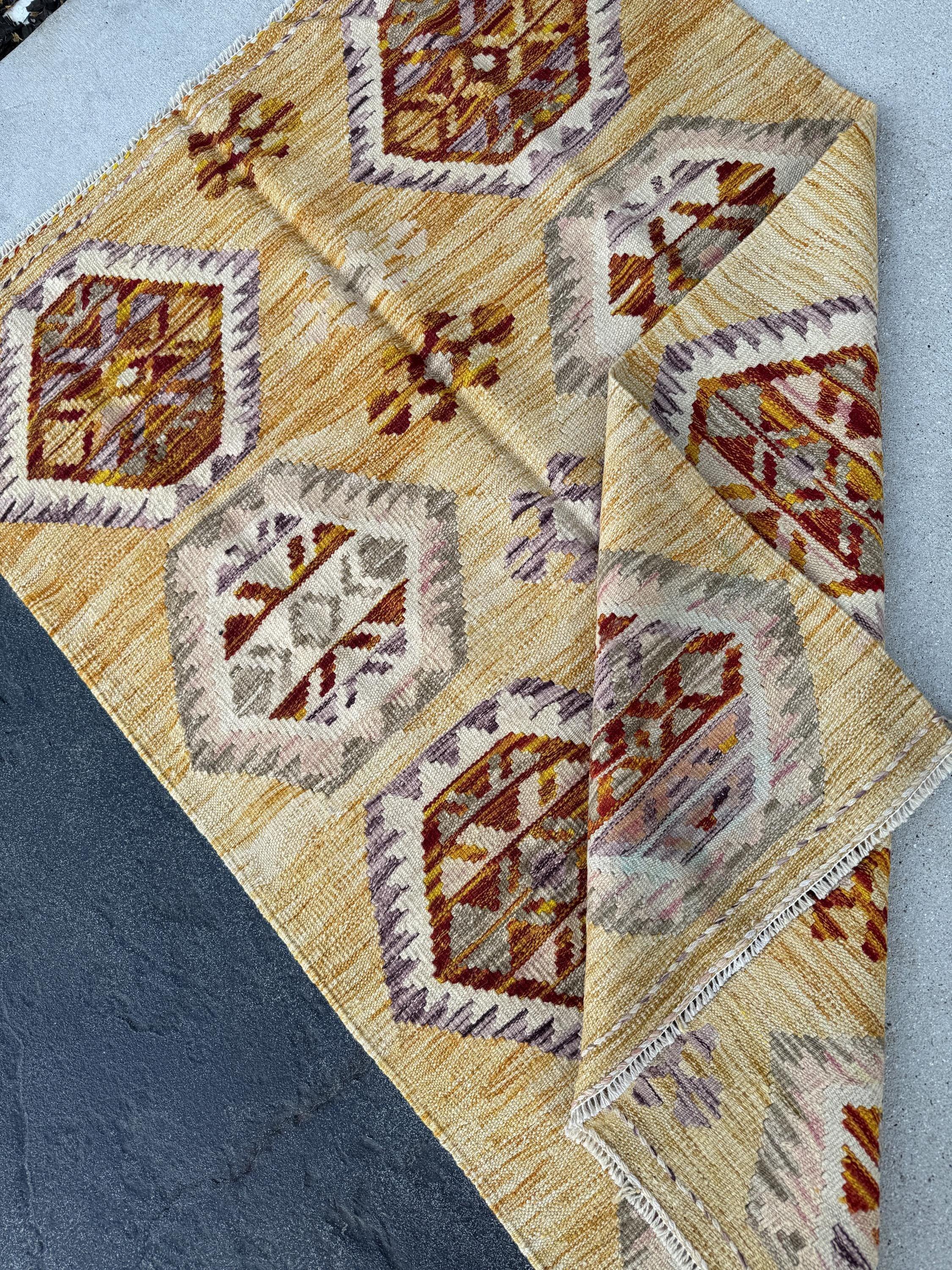 3x5 (91x152) Handmade Afghan Kilim Rug | Saffron Yellow Burnt Orange Tan Blush Pink Purple Lavender Grey White Cream | Wool Flatweave