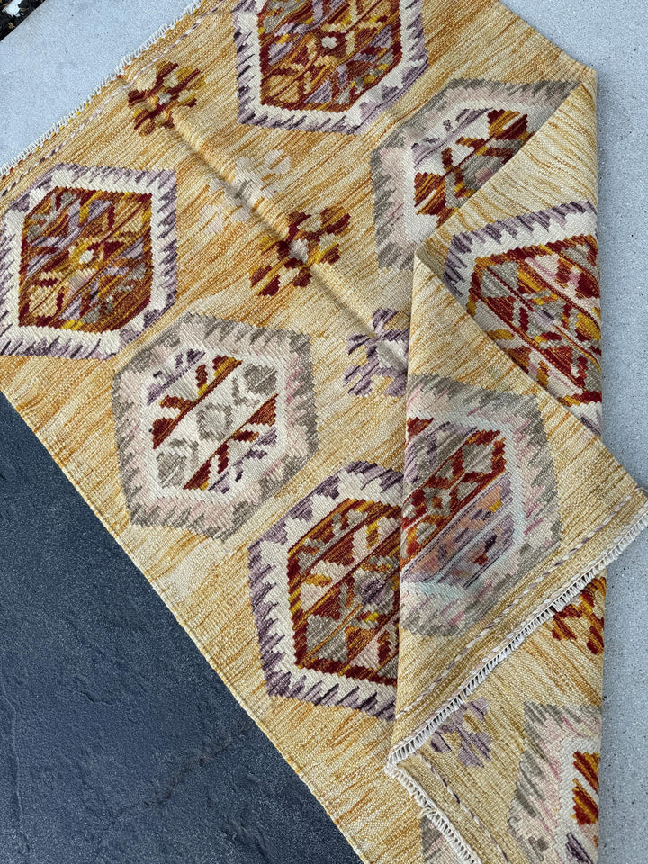 3x5 (91x152) Handmade Afghan Kilim Rug | Saffron Yellow Burnt Orange Tan Blush Pink Purple Lavender Grey White Cream | Wool Flatweave