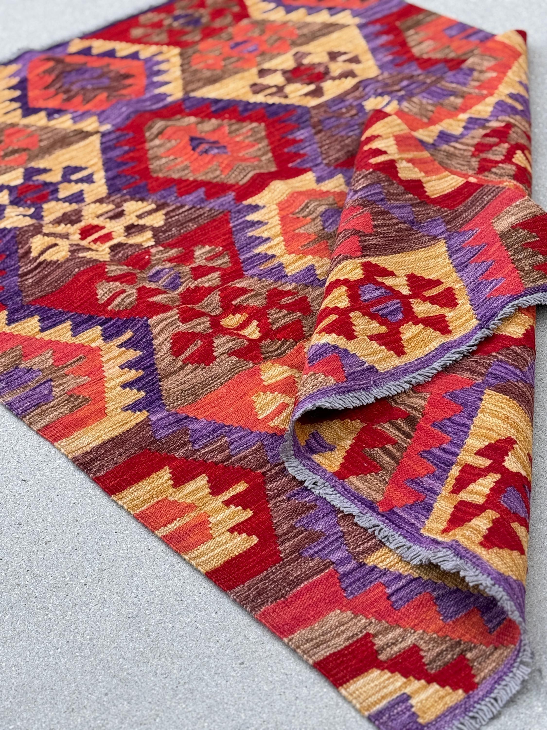 4x5 (121x152) Handmade Afghan Kilim Rug | Crimson Blood Brick Red Saffron Peach Coral Orange Purple Coffee Tan Brown | Wool Flatweave