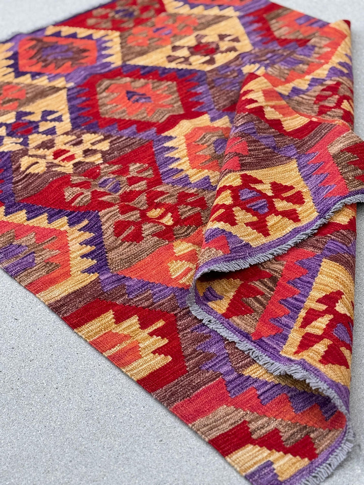 4x5 (121x152) Handmade Afghan Kilim Rug | Crimson Blood Brick Red Saffron Peach Coral Orange Purple Coffee Tan Brown | Wool Flatweave