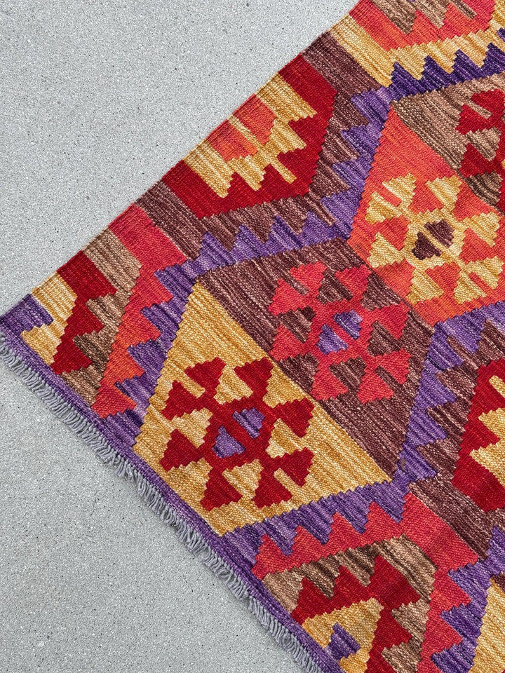 4x5 (121x152) Handmade Afghan Kilim Rug | Crimson Blood Brick Red Saffron Peach Coral Orange Purple Coffee Tan Brown | Wool Flatweave