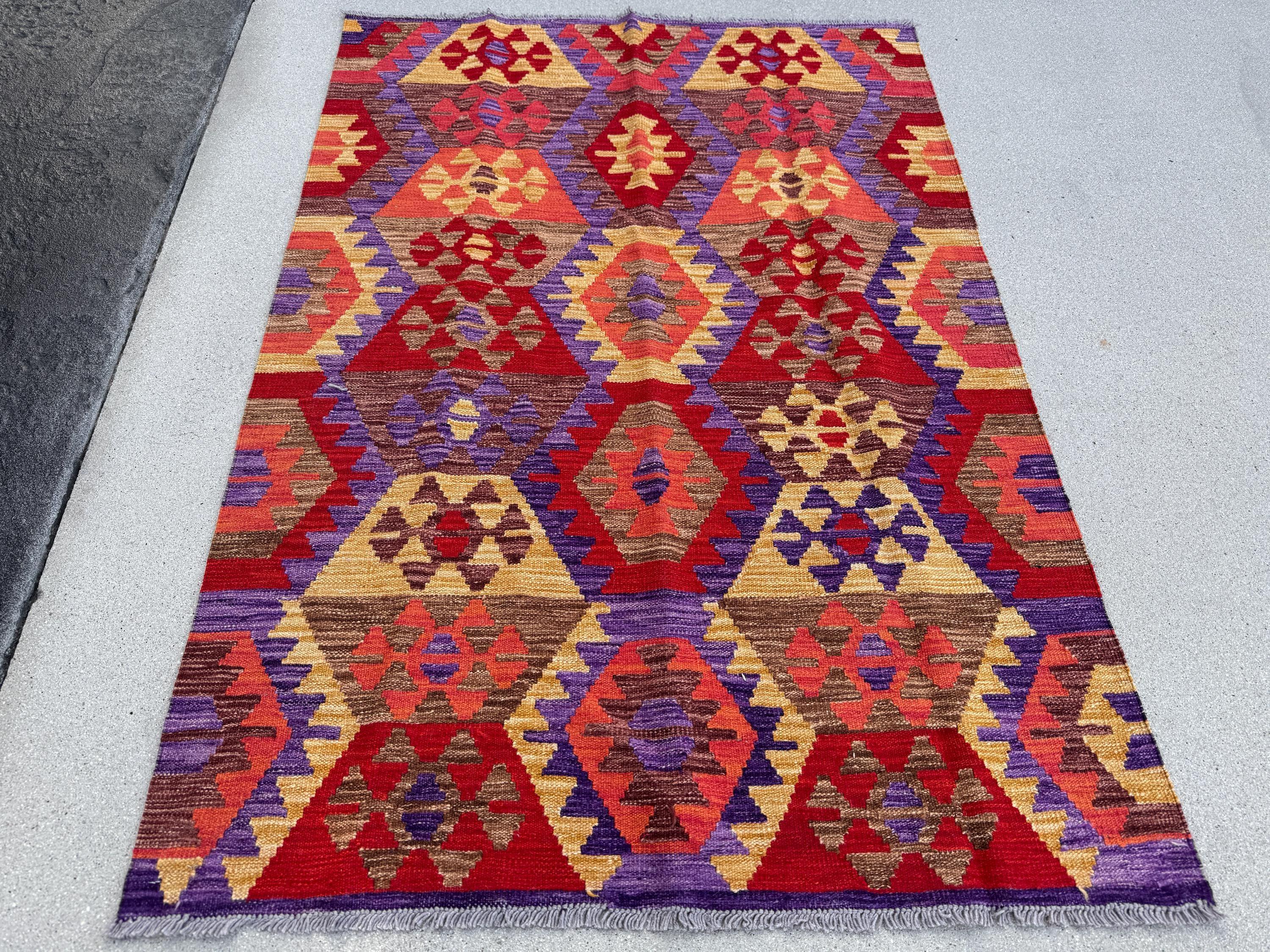 4x5 (121x152) Handmade Afghan Kilim Rug | Crimson Blood Brick Red Saffron Peach Coral Orange Purple Coffee Tan Brown | Wool Flatweave