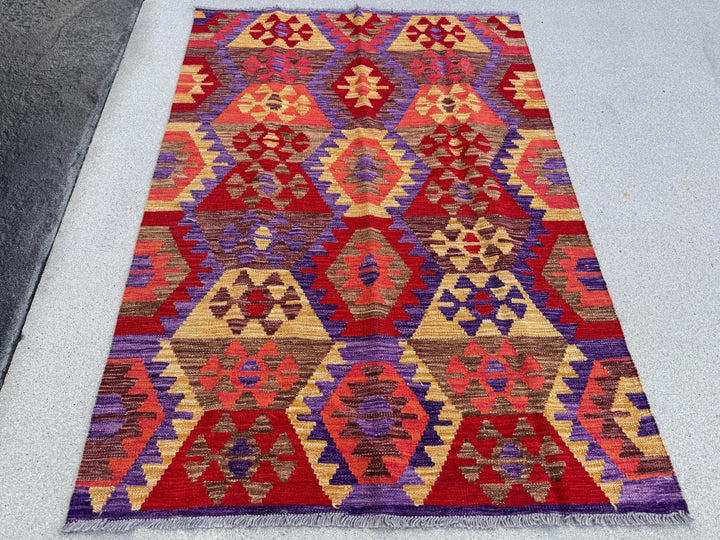 4x5 (121x152) Handmade Afghan Kilim Rug | Crimson Blood Brick Red Saffron Peach Coral Orange Purple Coffee Tan Brown | Wool Flatweave