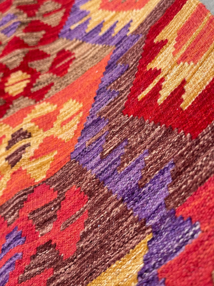 4x5 (121x152) Handmade Afghan Kilim Rug | Crimson Blood Brick Red Saffron Peach Coral Orange Purple Coffee Tan Brown | Wool Flatweave