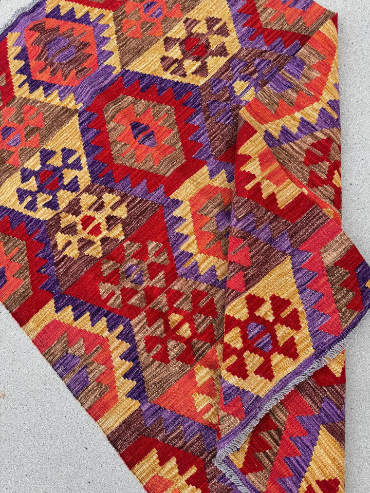 4x5 (121x152) Handmade Afghan Kilim Rug | Crimson Blood Brick Red Saffron Peach Coral Orange Purple Coffee Tan Brown | Wool Flatweave