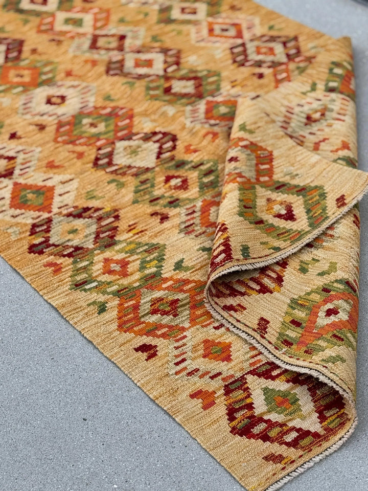 3x6-7 Handmade Afghan Kilim Rug | Mustard Yellow Gold Saffron Peach Burnt Orange Maroon Burgundy Wine Red Cream Tan Moss Green Taupe