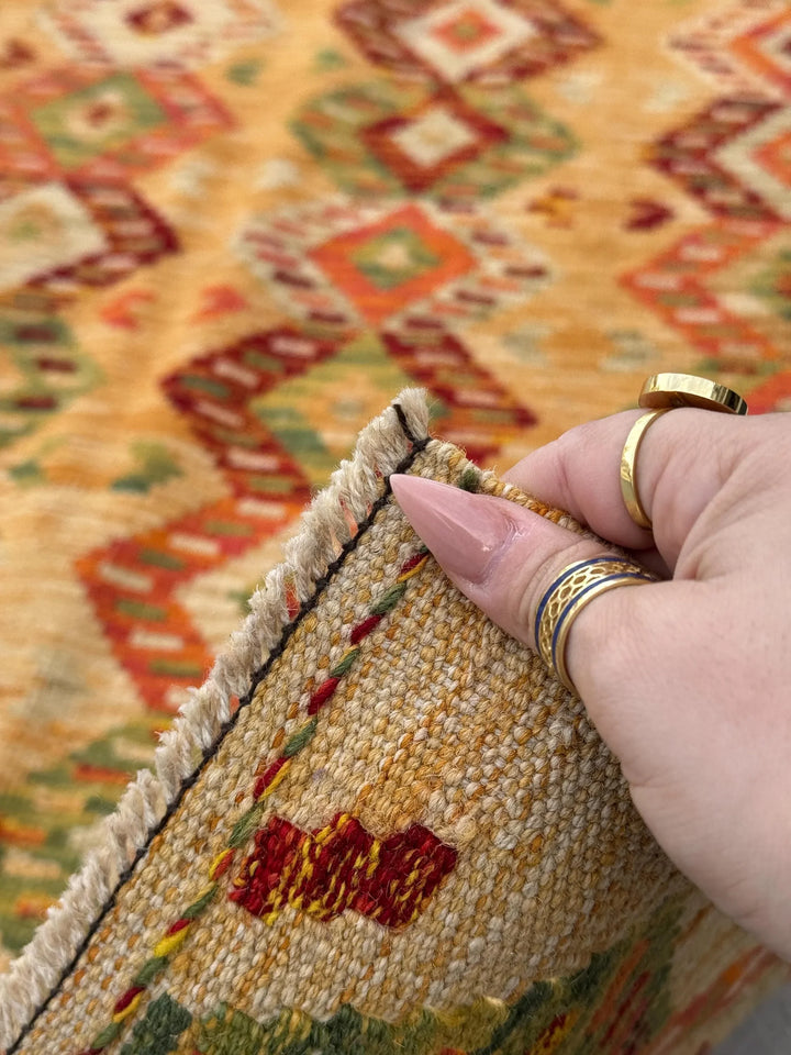3x6-7 Handmade Afghan Kilim Rug | Mustard Yellow Gold Saffron Peach Burnt Orange Maroon Burgundy Wine Red Cream Tan Moss Green Taupe