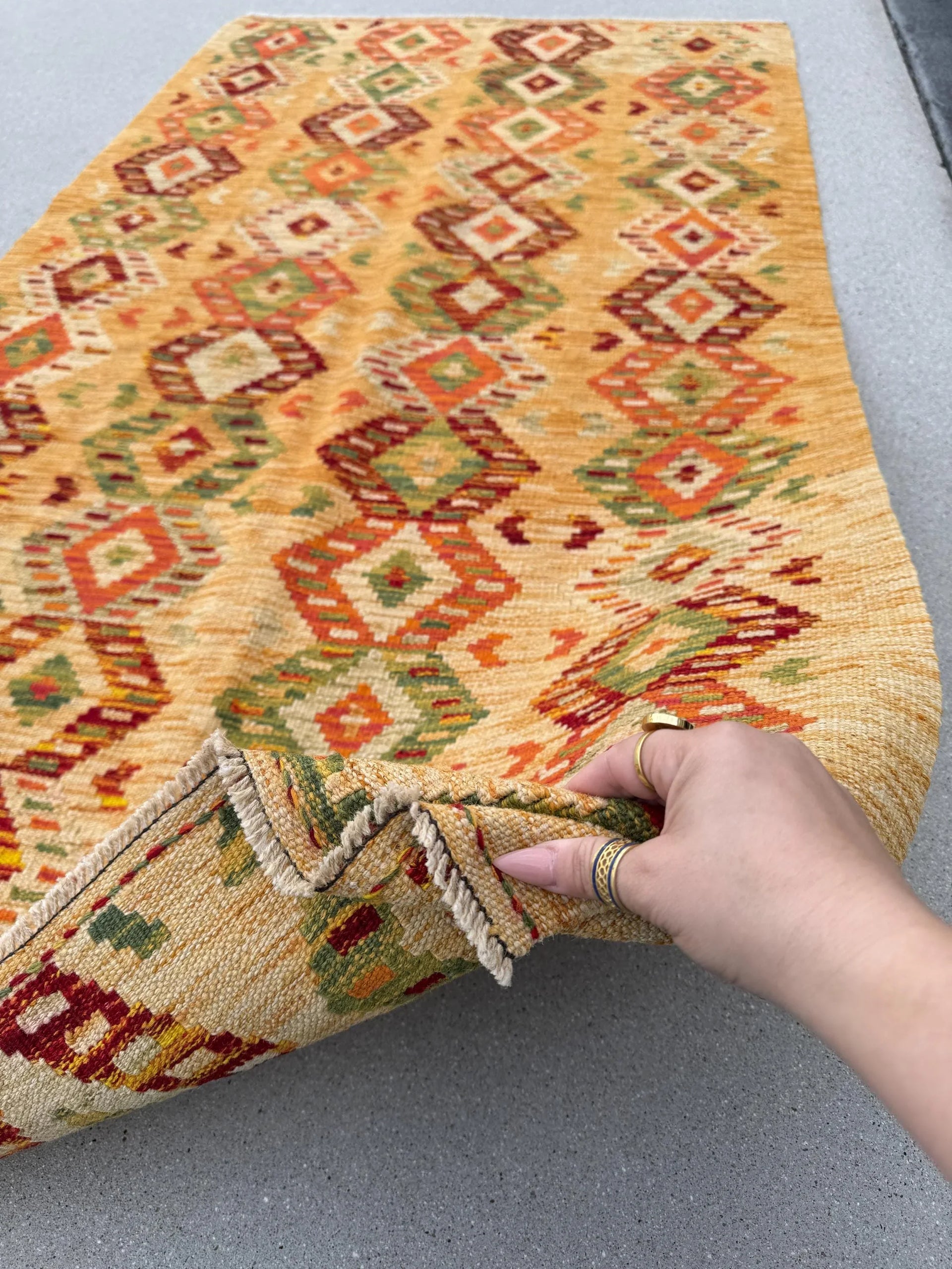 3x6-7 Handmade Afghan Kilim Rug | Mustard Yellow Gold Saffron Peach Burnt Orange Maroon Burgundy Wine Red Cream Tan Moss Green Taupe