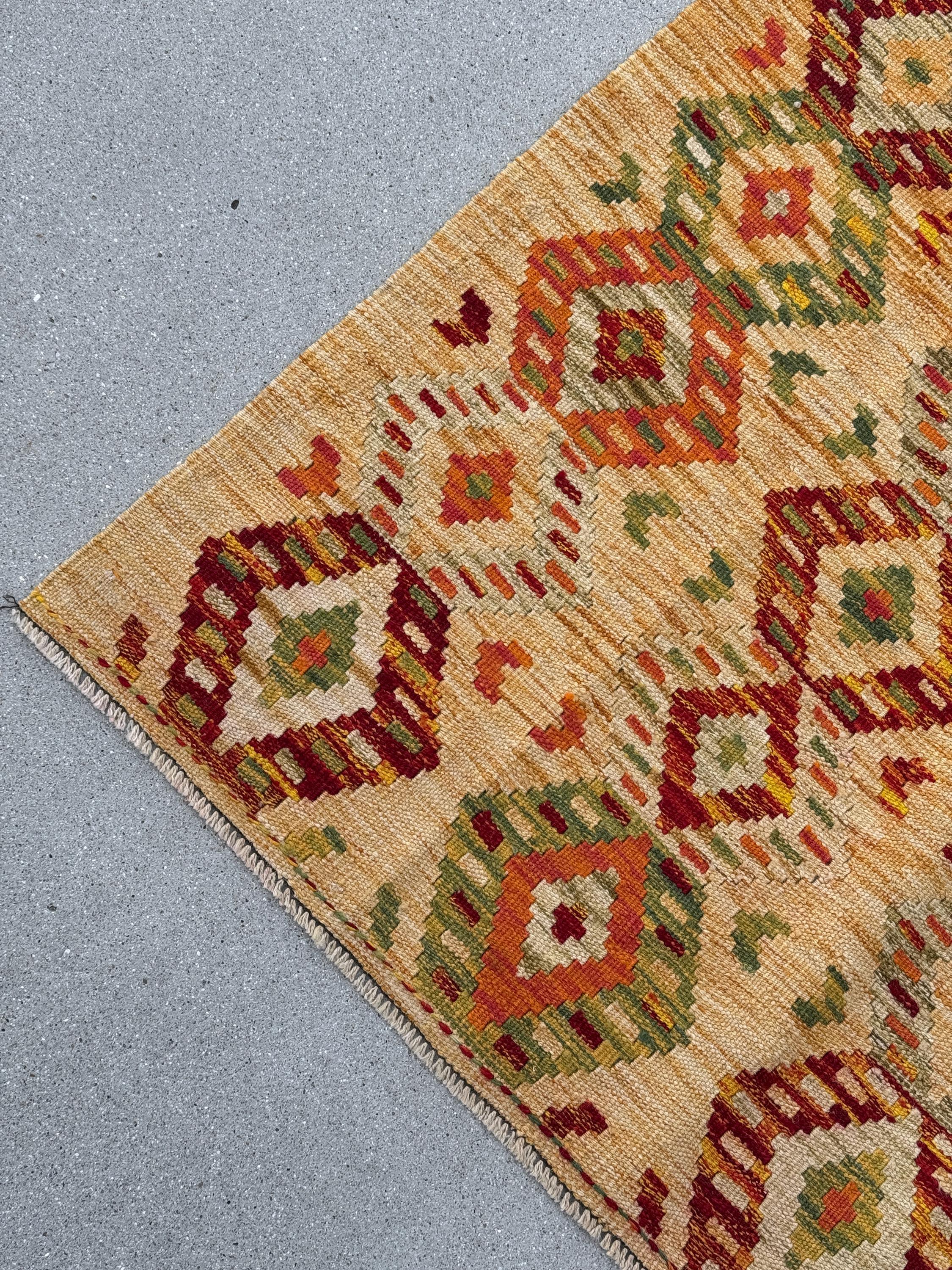 3x6-7 Handmade Afghan Kilim Rug | Mustard Yellow Gold Saffron Peach Burnt Orange Maroon Burgundy Wine Red Cream Tan Moss Green Taupe