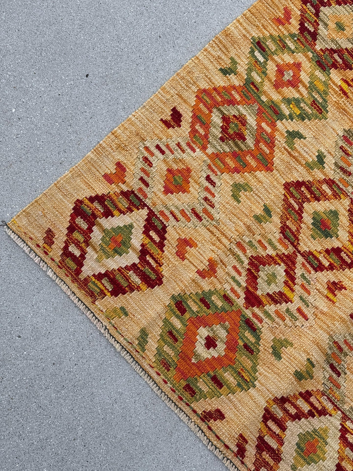 3x6-7 Handmade Afghan Kilim Rug | Mustard Yellow Gold Saffron Peach Burnt Orange Maroon Burgundy Wine Red Cream Tan Moss Green Taupe