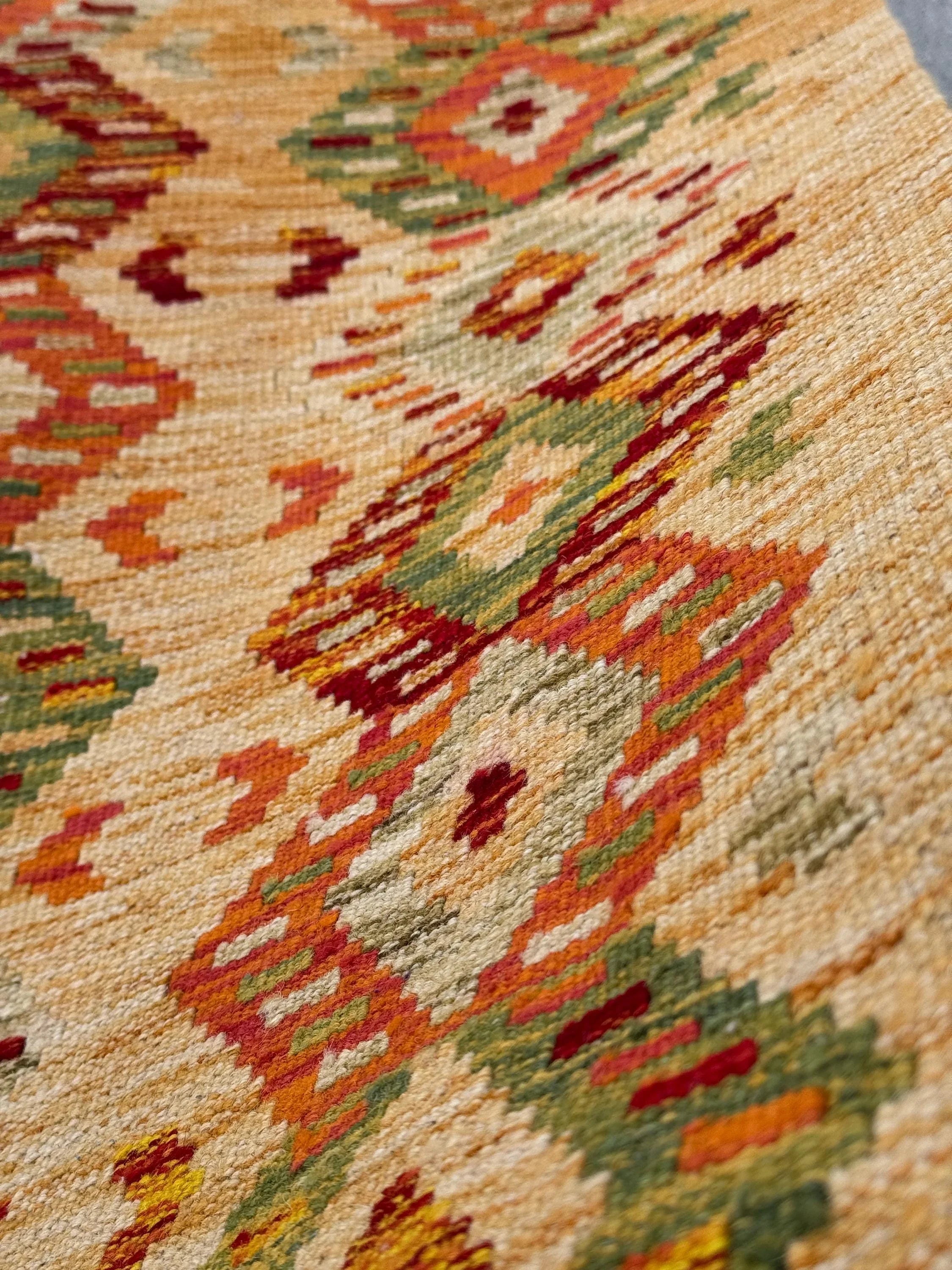 3x6-7 Handmade Afghan Kilim Rug | Mustard Yellow Gold Saffron Peach Burnt Orange Maroon Burgundy Wine Red Cream Tan Moss Green Taupe