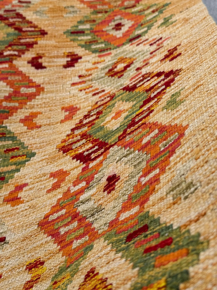 3x6-7 Handmade Afghan Kilim Rug | Mustard Yellow Gold Saffron Peach Burnt Orange Maroon Burgundy Wine Red Cream Tan Moss Green Taupe
