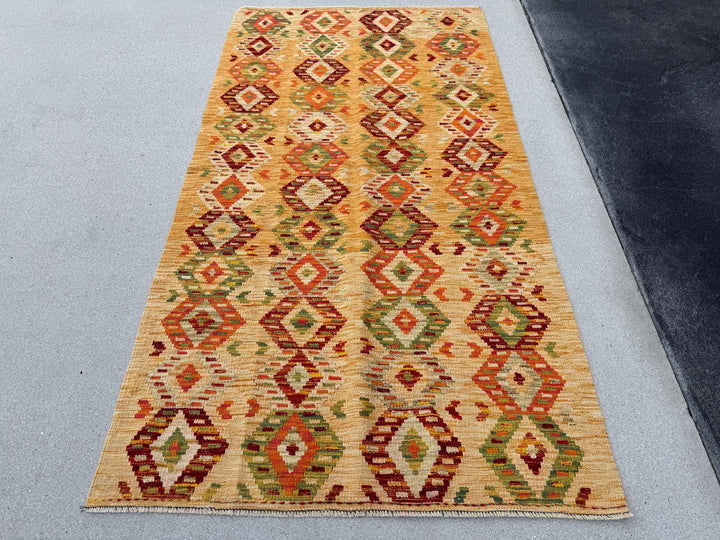 3x6-7 Handmade Afghan Kilim Rug | Mustard Yellow Gold Saffron Peach Burnt Orange Maroon Burgundy Wine Red Cream Tan Moss Green Taupe