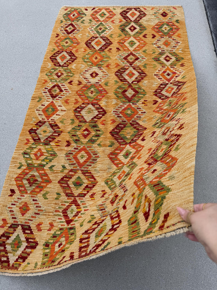3x6-7 Handmade Afghan Kilim Rug | Mustard Yellow Gold Saffron Peach Burnt Orange Maroon Burgundy Wine Red Cream Tan Moss Green Taupe