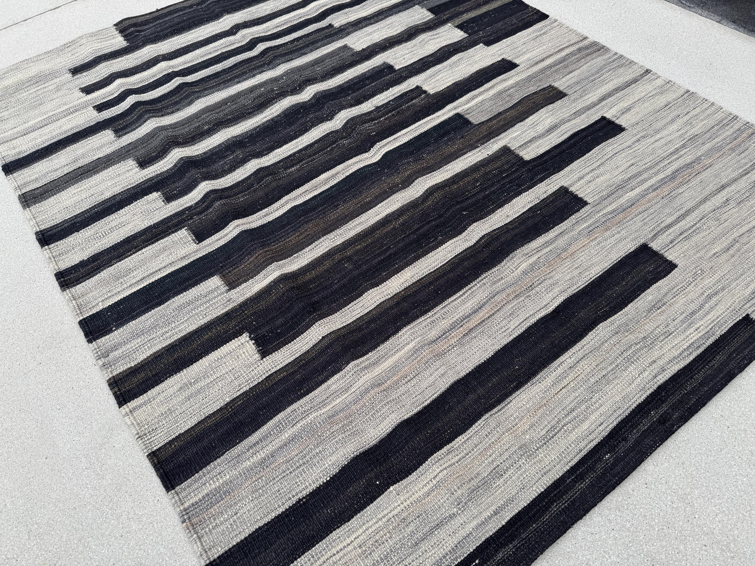 5x6 (152x182) Handmade Afghan Kilim Rug | Grey Gray Charcoal Slate Black Cream | Wool Flatweave Modern Minimalist Contemporary